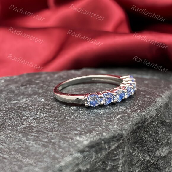 NEW Certified 3mm Royal Blue Moissanite 7 Stone Half Eternity Band Ring - Picture 5 of 11